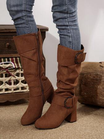 2025 秋冬女式欧美风褶饰扣锥形跟侧拉链大码及膝靴、西部靴