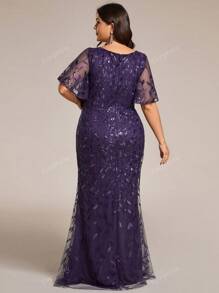 EVER-PRETTY Plus Size Women Sequin V-Neck Ruffle Sleeve Fish Tail Evening Dress, Elegant Formal Prom Gown, For Wedding Guest, Graduation, Dinner, Party Dress