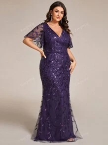 EVER-PRETTY Plus Size Women Sequin V-Neck Ruffle Sleeve Fish Tail Evening Dress, Elegant Formal Prom Gown, For Wedding Guest, Graduation, Dinner, Party Dress