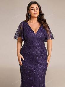 EVER-PRETTY Plus Size Women Sequin V-Neck Ruffle Sleeve Fish Tail Evening Dress, Elegant Formal Prom Gown, For Wedding Guest, Graduation, Dinner, Party Dress