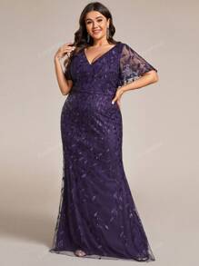 EVER-PRETTY Plus Size Women Sequin V-Neck Ruffle Sleeve Fish Tail Evening Dress, Elegant Formal Prom Gown, For Wedding Guest, Graduation, Dinner, Party Dress