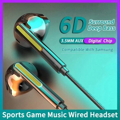 数字芯片 6D 低音耳机，带 3.5MM AUX/Type-C、高清麦克风、无延迟、适用于运动、游戏、音乐、有线耳塞，100% 兼容三星、安卓、HiFi 入耳式