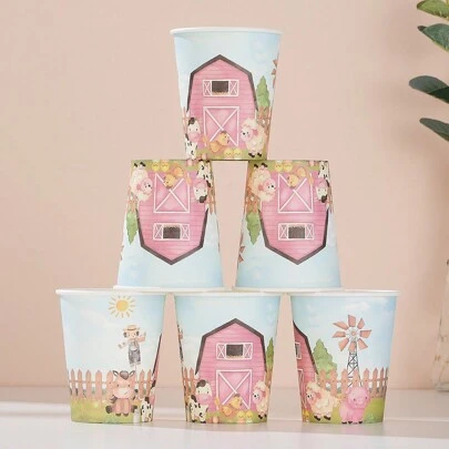 10 piezas/25 piezas Vasos de papel desechables, vasos de papel con tema de granja de animales para bebidas frías y café, adecuados para cumpleaños, reuniones familiares, picnics, decoración de fiestas