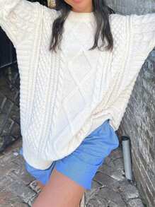 Suéter holgado con hombros caídos para mujer, diseño de tricot con retorcido vintage, jersey casual - Albaricoque - Ver 6