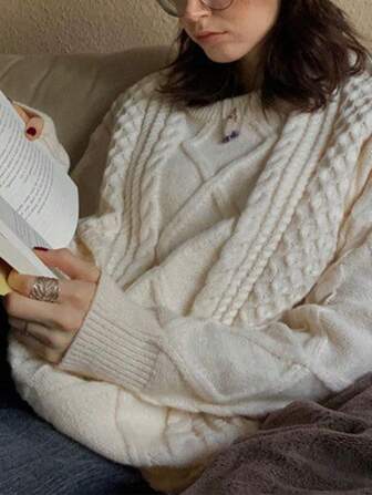 Women's Oversized Drop Shoulder Sweater, Vintage Twist Knitting Design Casual Pullover