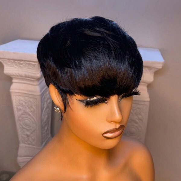 Pixie Cut Wig For Women Human Hair Black Color Human Hair Wig 1B Short Wig For Women Put On And Go Wig None Lace Front Full Machine Made Pixie Wig For Women Haircut Glueless Wigs For Valentine's Day Daily Use