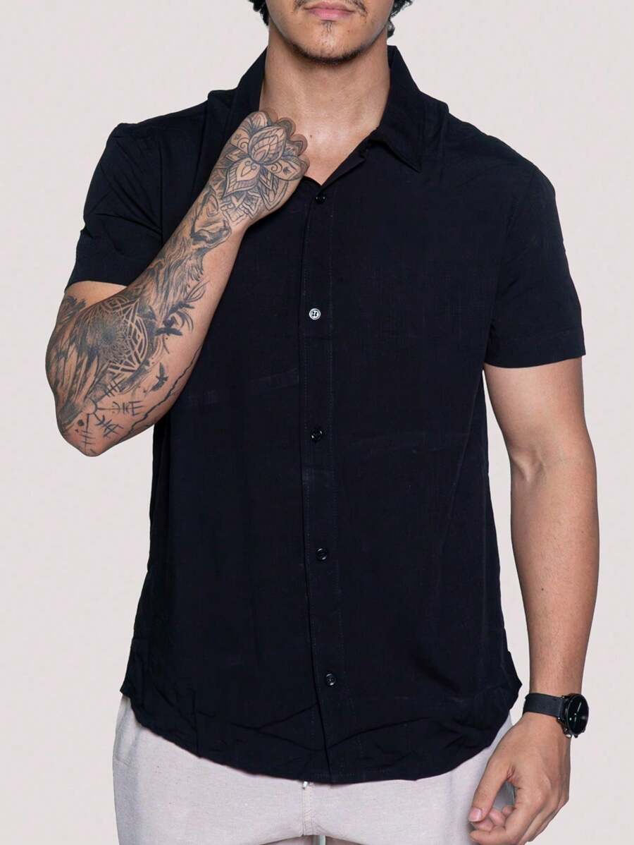 Linen Shirt Short Sleeve Formal Summer Fresh Italian Collar Elegant In Visco-Linen - Black - View 1