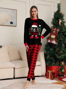 2pcs Women Christmas Pajama Set - Long Sleeve Top Printed With Santa Hat, Shoes, Letter Pattern And Plaid Pants