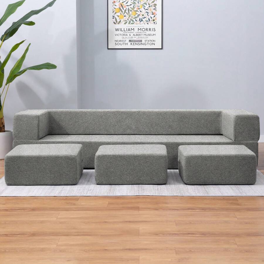 Queen Convertible Velvet Futon Sofa Bed With 3 Ottomans, Memory Foam