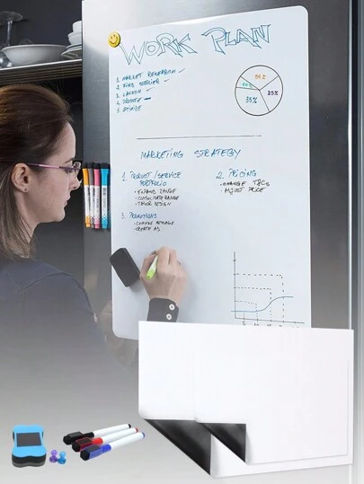 一套磁性马克笔和橡皮擦，适用于A3/A4可书写墙贴 - 可移除白板贴、冰箱贴，柔软不伤墙面，是家庭和教学的理想之选，也是学校用品和返校必备品。