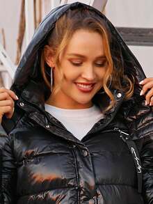 ZIAI Hooded Solid Color Casual Long Padded Padded Coat With Pockets, Winter - Black - View 9