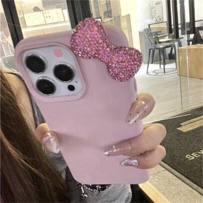 Luxury Rhinestone Bowknot Silicone Phone Case For IPhone16 15 14 13 12 11 Pro Max Cute Pink Shockproof Soft Case
