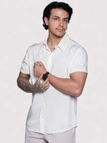 Linen Shirt Short Sleeve Formal Summer Fresh Italian Collar Elegant In Visco-Linen - Beige - View 4