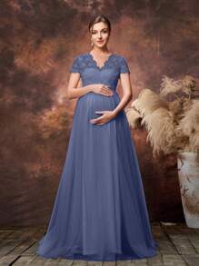 Faeriesty Dressalisa 优雅 V 领蕾丝边孕妇装，搭配透明薄纱 A 字裙和短袖 - 非常适合婴儿洗礼仪式、正式孕妇肖像、教堂聚会、新娘午宴和庆祝晚宴 - 霧霾藍 - 查看 4