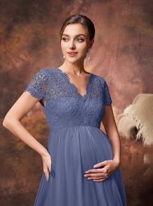 Faeriesty Dressalisa 优雅 V 领蕾丝边孕妇装，搭配透明薄纱 A 字裙和短袖 - 非常适合婴儿洗礼仪式、正式孕妇肖像、教堂聚会、新娘午宴和庆祝晚宴 - 霧霾藍 - 查看 7
