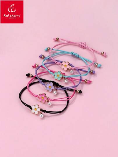 5 件/套女孩花卉锌合金多色珐琅白色仿珍珠可爱彩色涤纶蜡线编织手链套装，适合日常佩戴首饰