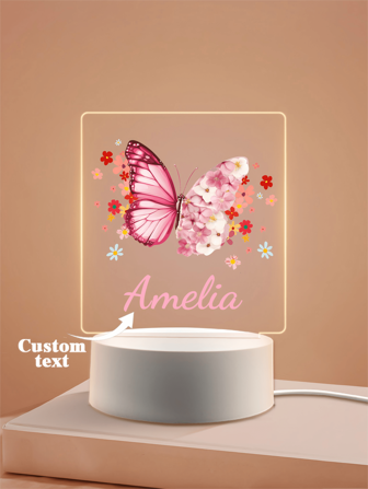 1pc Custom Name Creative Gift Pink Butterfly And Flowers Send To Boys Girls Or Friends 3D Light Illusion LED Night Light Warm Light Birthday Gift Decoration Desk Lamp Night, Valentine Day Decor Stylish, Adorable, Colorful Custom, Personalized, Unique Ideal Gifts For Her Friends, Son, Daughter, School Students, Workers, Kids For Anniversaries,Elegant Living,Artful Living