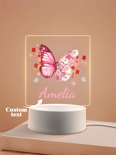 1pc Custom Name Creative Gift Pink Butterfly And Flowers Send To Boys Girls Or Friends 3D Light Illusion LED Night Light Warm Light Birthday Gift Decoration Desk Lamp Night, Valentine Day Decor Stylish, Adorable, Colorful Custom, Personalized, Unique Ideal Gifts For Her Friends, Son, Daughter, School Students, Workers, Kids For Anniversaries, Office Decor, Elegant Living