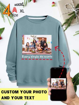 Custom Personalized Men's Crew Neck Sweatshirt - Add Your Own Text And Images (Family Photo/Selfie/Pet Photo/Friend Photo)To Design Your Personalized Printed Sweatshirt, Men Tops ,Fall Tops ,Blue Top ,Custom Top,Winter Clothes,Personalized Custom, Long Sleeve,The Best Gift