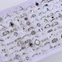 50pcs/Pack Bohemian Vintage Hollow Geometric Crystal Adjustable Rings For Women, Random Styles For Daily, Date, Party, Jewelry Accessory Gift