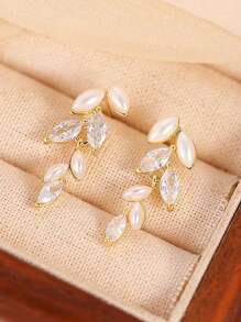 1 件，叶流苏仿珍珠锆石耳环，法式简约优雅高档耳饰，新年礼物 - 金色 - 查看 6