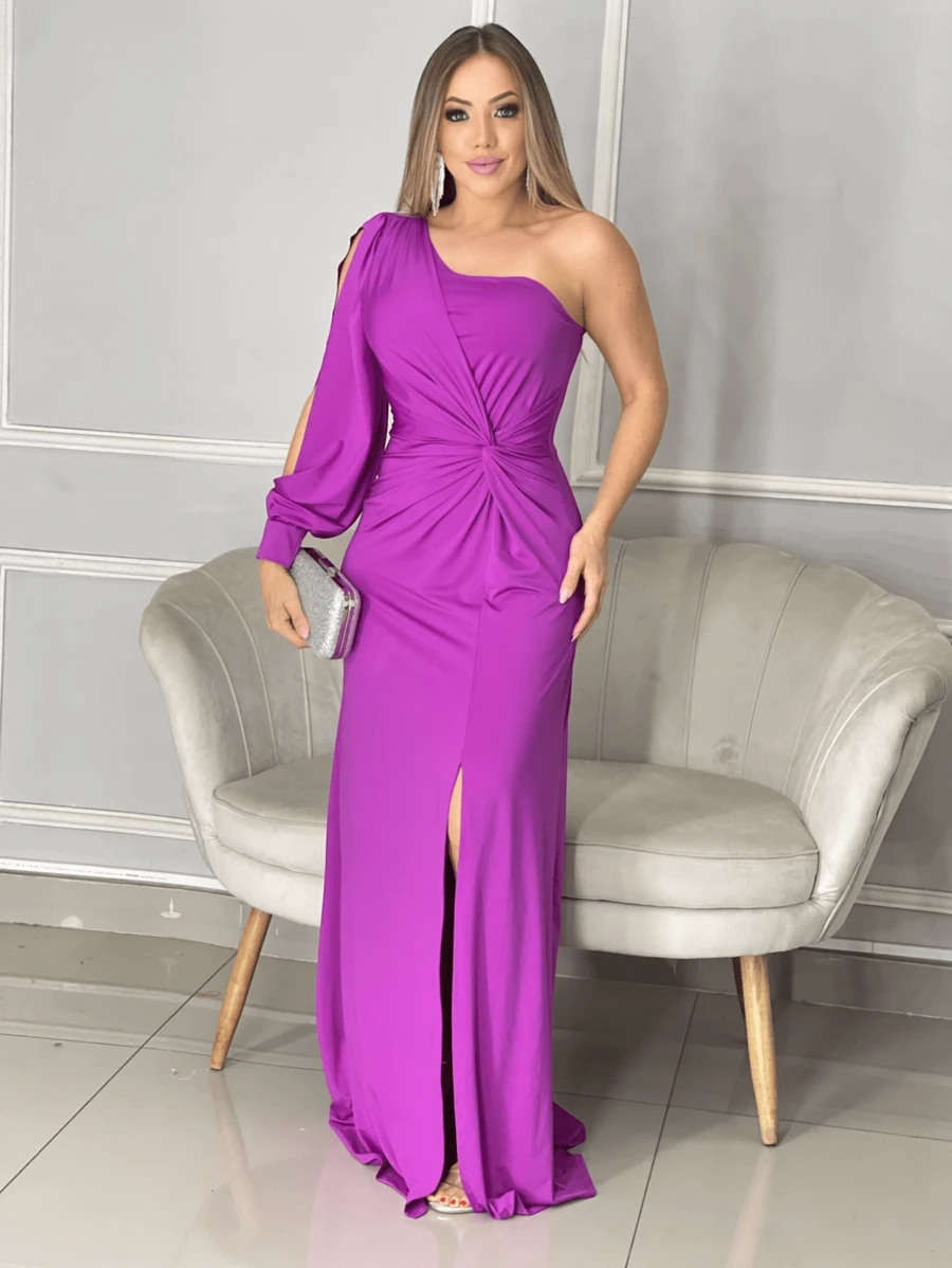 Long Dress With Sleeves For Bridesmaid Wedding Graduation Light Party - Rose Red - View 1