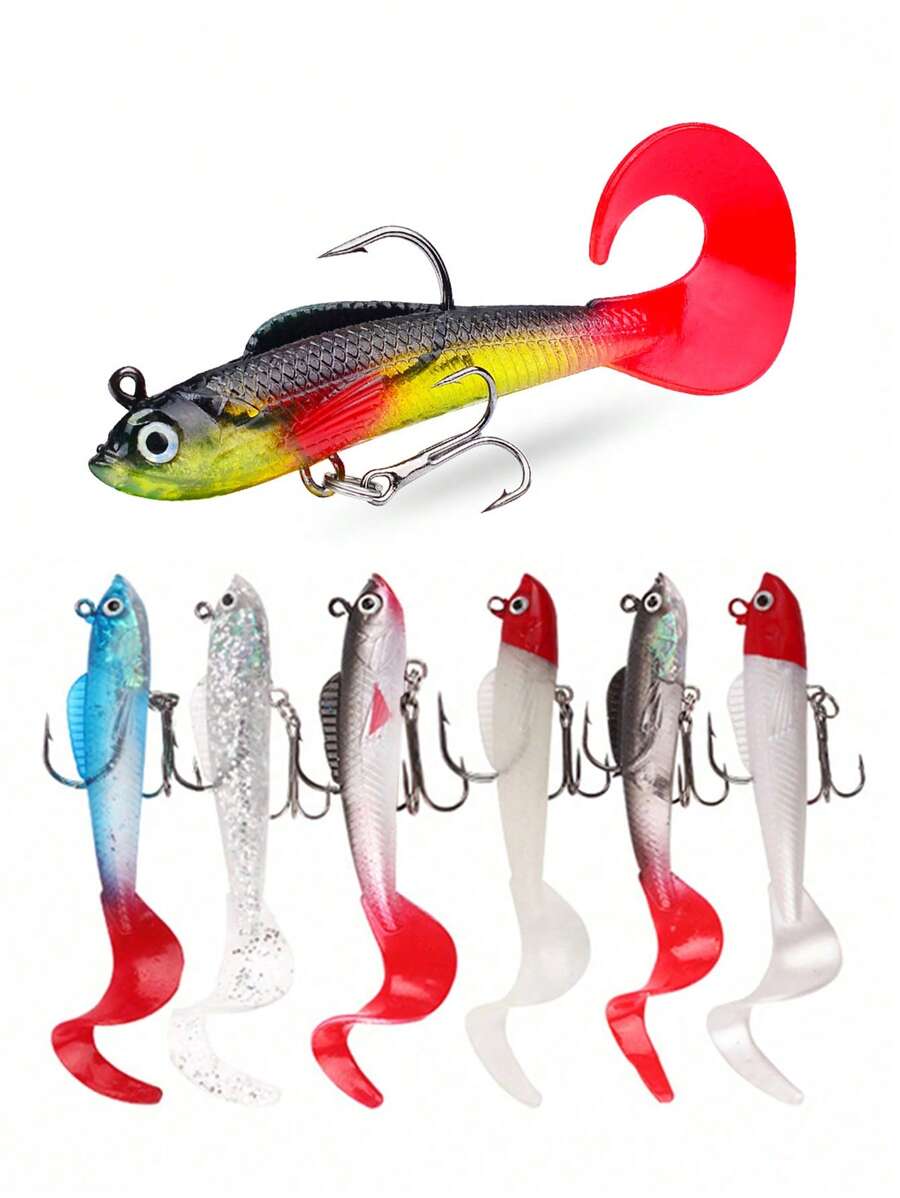 釣魚7入組7色軟魚鈎頭釣餌,帶捲曲形狀尾巴的72mm 9g橡膠矽膠游泳餌釣餌,適用於鱸魚,梭魚,淡水和海水釣魚 - 彩色 - 查看 1