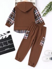 2 件套年轻男孩个性化休闲装，拼接连帽上衣和口袋裤，秋季