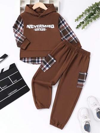 2 件套年轻男孩个性化休闲装，拼接连帽上衣和口袋裤，秋季