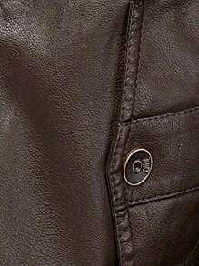 1 件男士户外仿皮 PU 夹克，领口拉链中长外套，时尚秋季外套，羊毛 - 咖啡棕 - 查看 5