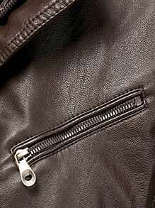 1 件男士户外仿皮 PU 夹克，领口拉链中长外套，时尚秋季外套，羊毛 - 咖啡棕 - 查看 4