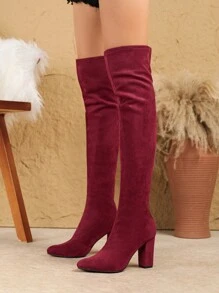 Fashionable Over-The-Knee Stretch Boots, Autumn/Winter New Sexy Round Toe High Heel Slim Suede Chunky Heel Long Boots, - Red - View 2