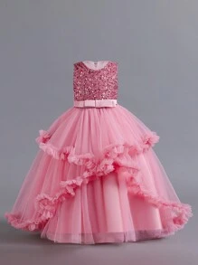 4-Season Tween Girl Sequin Multilayer Mesh Princess Dress, Lovely Banquet Graduation Gown