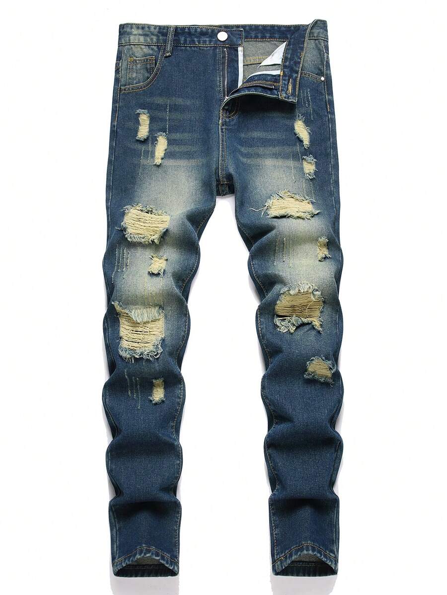 Quần Jeans Denim Ống Thẳng Rách Cổ Điển Cho Bé Trai Tuổi Teen, Xanh Đậm - Rửa tối - Xem 1