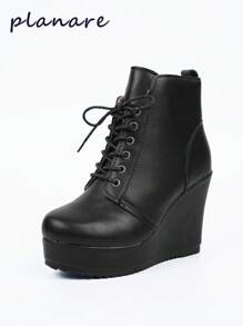 Women's Motorcycle Boots, Short Shaft Boots With Thick Heel, Slip-On Lace-Up Thick Sole Platform Ankle Boots, Comfortable Round Toe Black Shoes, Rubber Ankle Boots And Booties For Autumn/Winter, Women's Fashion Boots And Shoes,Match Red Dress