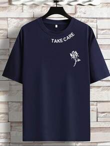 OverSized T-Shirt Flower Take Care (SHIELD) Men Women Cotton Shirt Reinforced Stitching Unisex StreetWear - 藏蓝色 - 查看 1