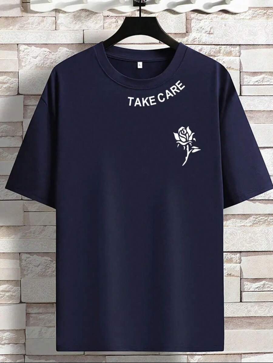 OverSized T-Shirt Flower Take Care (SHIELD) Men Women Cotton Shirt Reinforced Stitching Unisex StreetWear - 藏蓝色 - 查看 1