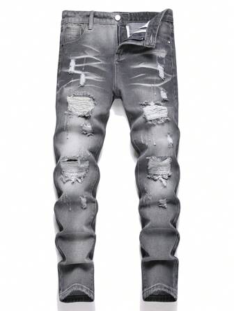 青少年男孩灰色破洞直筒牛仔裤