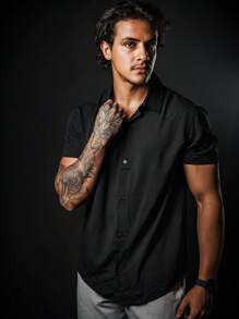 Linen Shirt Short Sleeve Formal Summer Fresh Italian Collar Elegant In Visco-Linen - Black - View 2