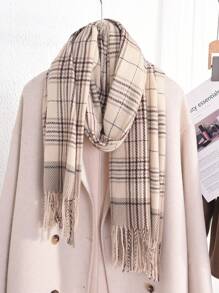 1 chiếc khăn choàng thời trang kẻ caro cổ điển dành cho nữ, vải cashmere giả sang trọng, siêu mềm và ấm, không co giãn, khăn choàng chống lạnh có viền tua rua thanh lịch, phù hợp cho mùa thu đông, phụ kiện quấn thời trang dành cho nữ - Nhiều màu - Xem 5