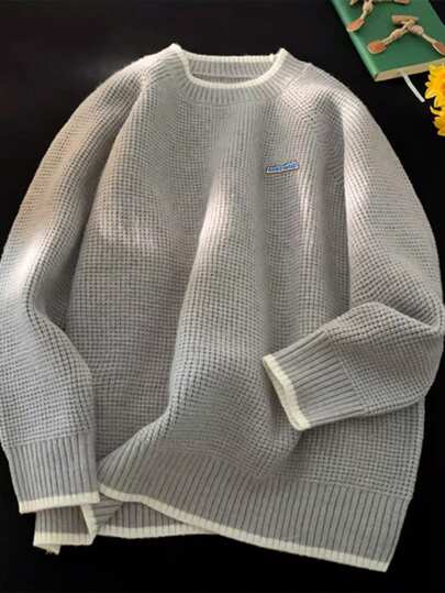 男士休闲字母图案插肩袖宽松毛衣，秋季