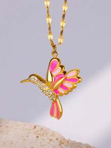 1 件可爱彩色小鸟项链女士金色不锈钢浪漫心形草吊坠项链婚礼珠宝礼物新品 - 金黃色 - 查看 3