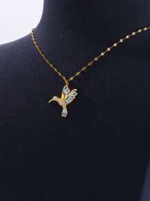 1 件可爱彩色小鸟项链女士金色不锈钢浪漫心形草吊坠项链婚礼珠宝礼物新品 - 金黃色 - 查看 8