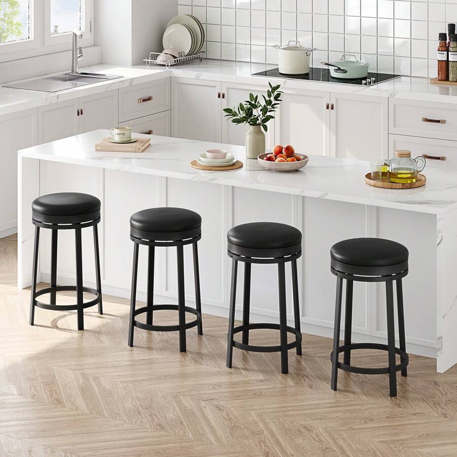 360° Swivel Bar Stools Set,24" Counter Height Bar Stools With Footrest, Backless Round PU Leather Upholstered And Metal Frame, For Kitchen Island, Dining Room, Home Bar - màu đen - Xem 1