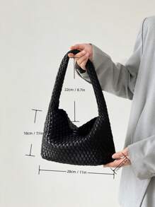 时尚优雅 Queenoris 编织钱包 女士顶部提手单肩包 柔软夏季流浪包手提包 PU 皮革 2 件钱包套装 单肩包 女士设计师挎包 邮差包 - 黑色 - 查看 6