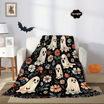 Cozy Flannel Halloween Throw Blanket - Cute & Funny Ghost Design In Orange, Black, Green | Soft Polyester For Sofa, Bedroom Decor | Perfect Gift For Friends And Classmates Halloween Pillow Covers Halloween Pillows