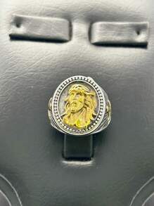 Gold Plated Stainless Steel Men's Ring With Jesus Statue, Silver Cross, Holy Light - 銀色 - 查看 1