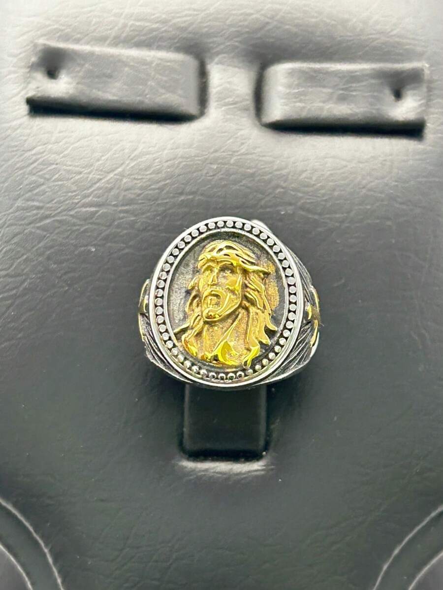 Gold Plated Stainless Steel Men's Ring With Jesus Statue, Silver Cross, Holy Light - 銀色 - 查看 1