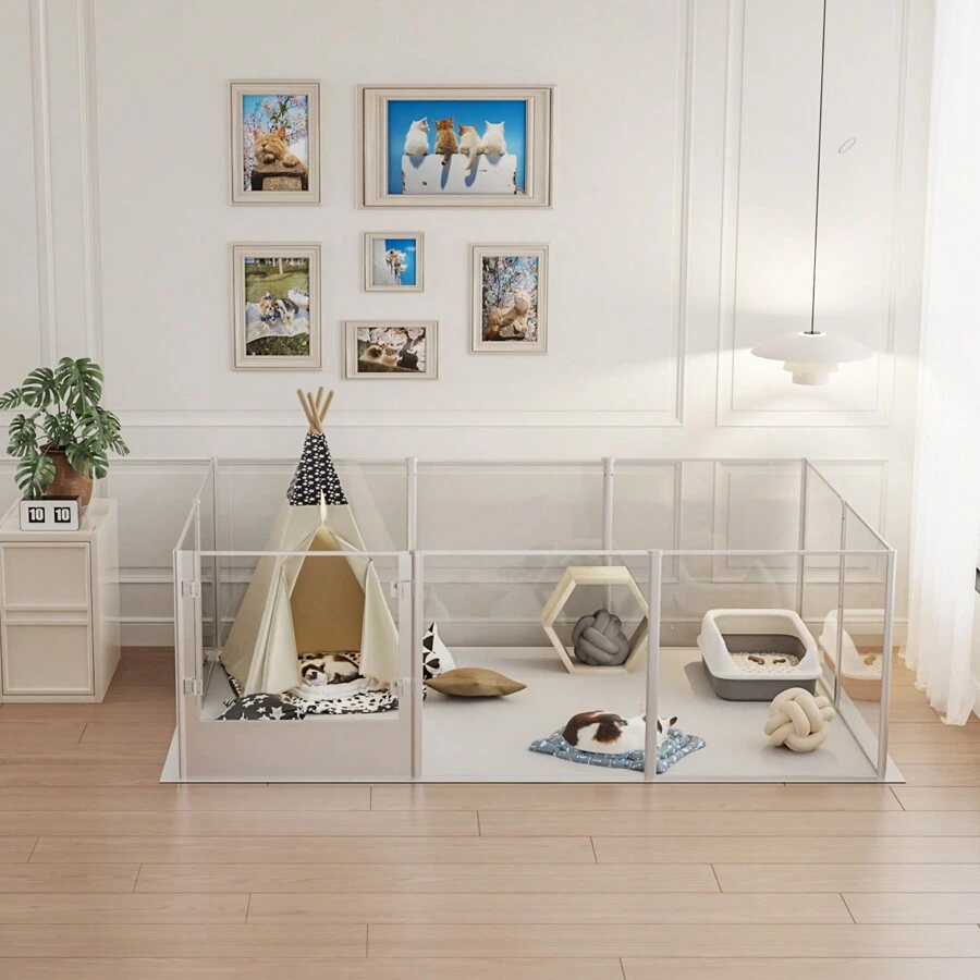 Dog Clear Playpen Fence Kennel: Heavy Duty Acrylic Dog Playpen Fence, Extra Tall Indoor Pet Birthing Cage Whelping Box With Waterproof Fertility Pad For Cats, Dogs-180 X120 X 60 Cm - Silver - View 1
