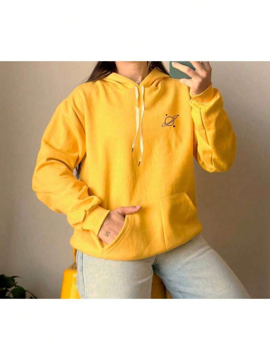 Women's Sweatshirt Men's Kangaroo Saturn Space Planets Sweatshirt Kangaroo Pocket And Hat Cold Weather Sweatshirt Planet - 黃色 - 查看 1